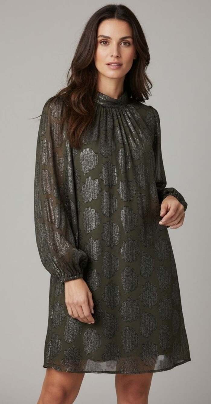 LOFT Green Metallic Brocade Mock Neck Long Sleeve Shift Dress